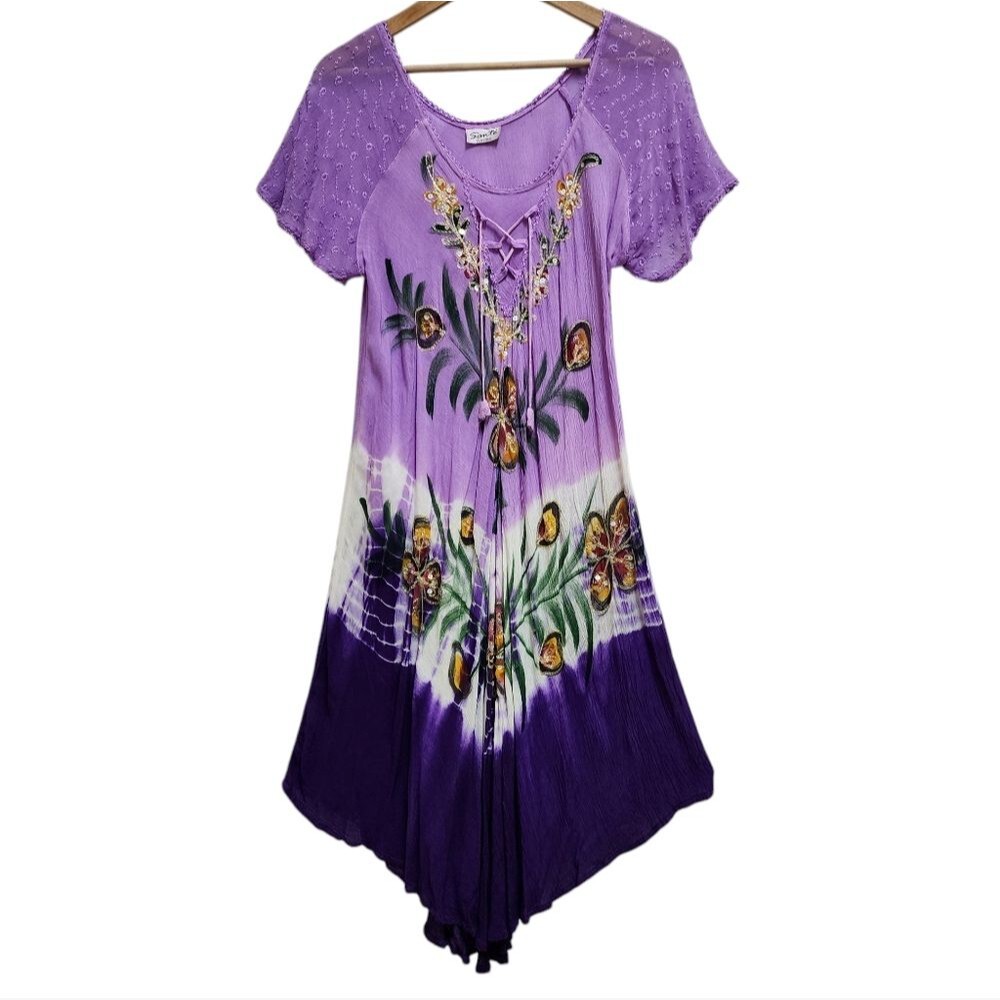 Sante Dress One Size Purple Floral Sequin Rhinestone Embroidered Hi Low Peasant
